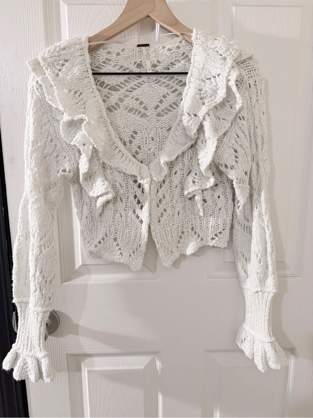 Free People Ivory Openwork Ruffle Crop Cardigan